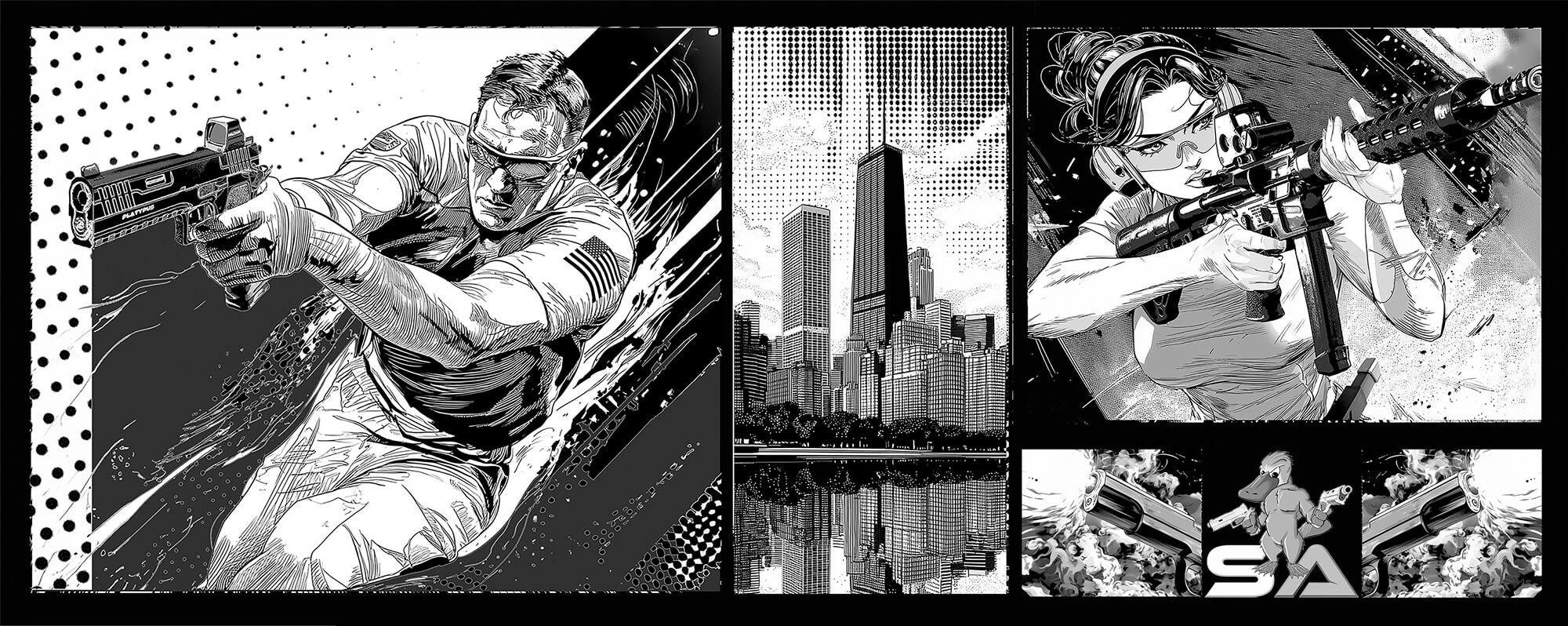 Animated images of shooting competitors, Chicago cityscape, and Stealth Arms platypus character.