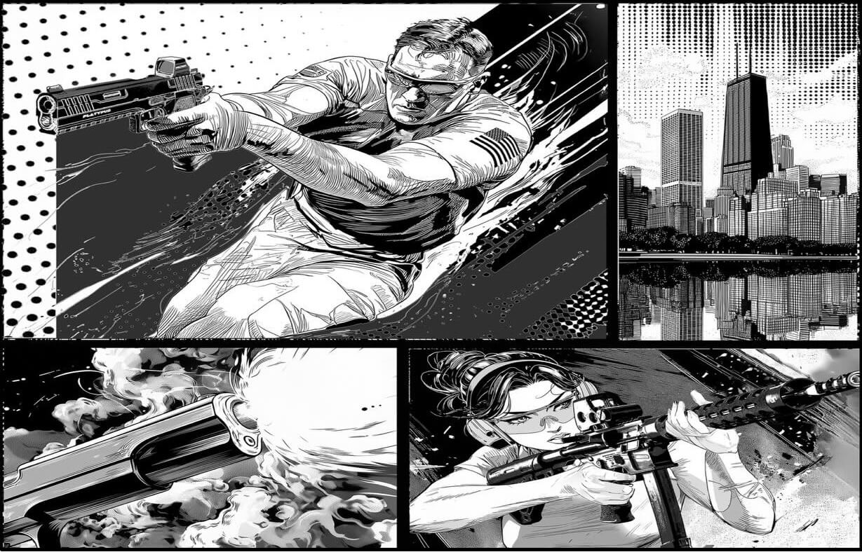 Animated images of shooting competitors and Chicago cityscape